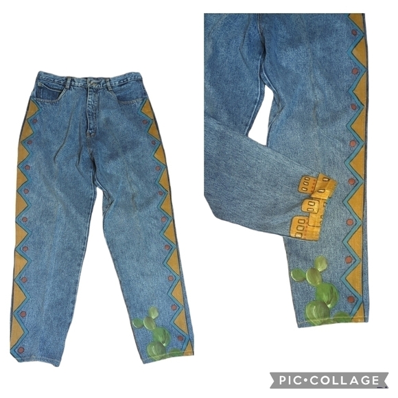 Vtg Bill Blass southwest hand painted design denim tapered stonewash jeans sz 32 - Picture 8 of 10